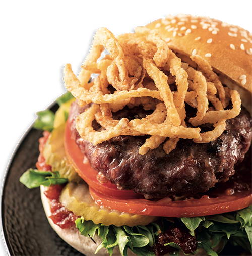 Burger topped with crispy onions